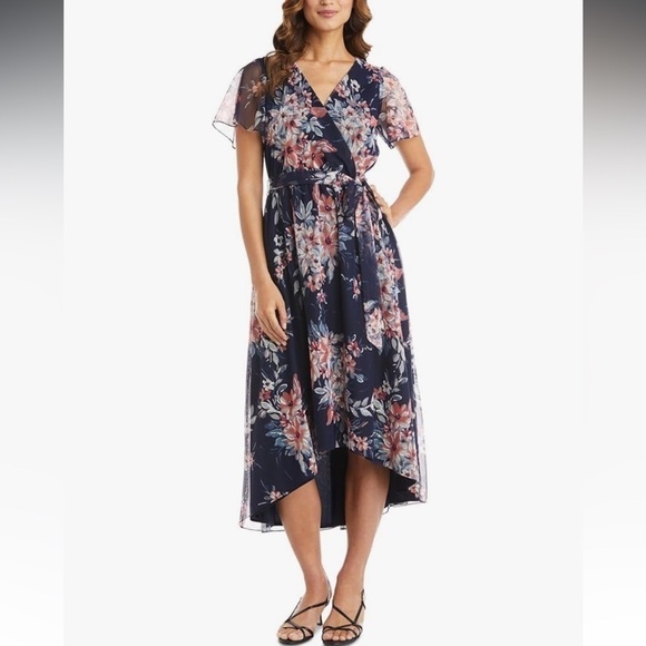 New! R&M Richards Navy Floral Faux Wrap Midi Dress size 8 - Picture 1 of 11